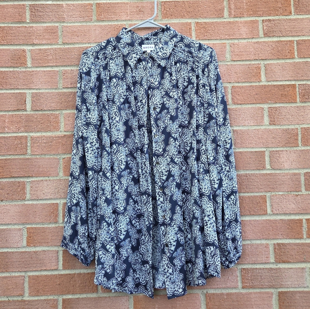 Brora Butterfly Novelty Print Viscose Blouse Top Shirt Ruffle Detail 10 Navy